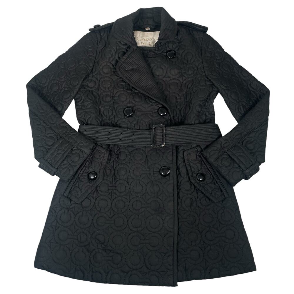 RARE Coach Quilted Pea Trench Coat Logo Black with Belt